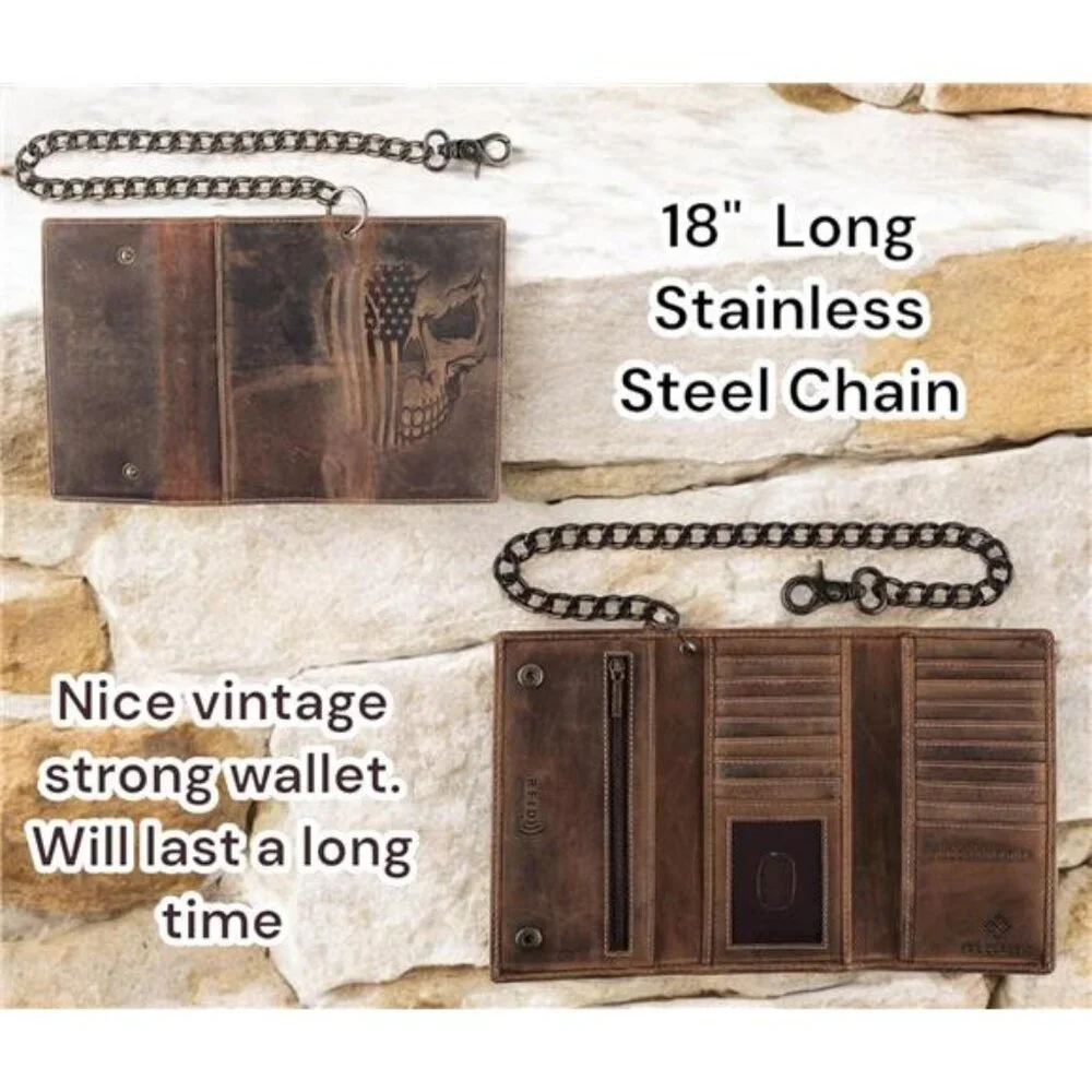 CLASSIC RFID Blocking Mens Tri-fold Long Style Cowhide Leather Steel Chain